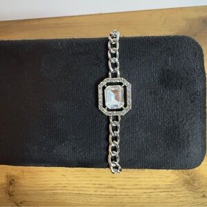 Silver Chain Bracelet | Emerald-Cut Crystal & Pavé Halo| Statement Jewelry